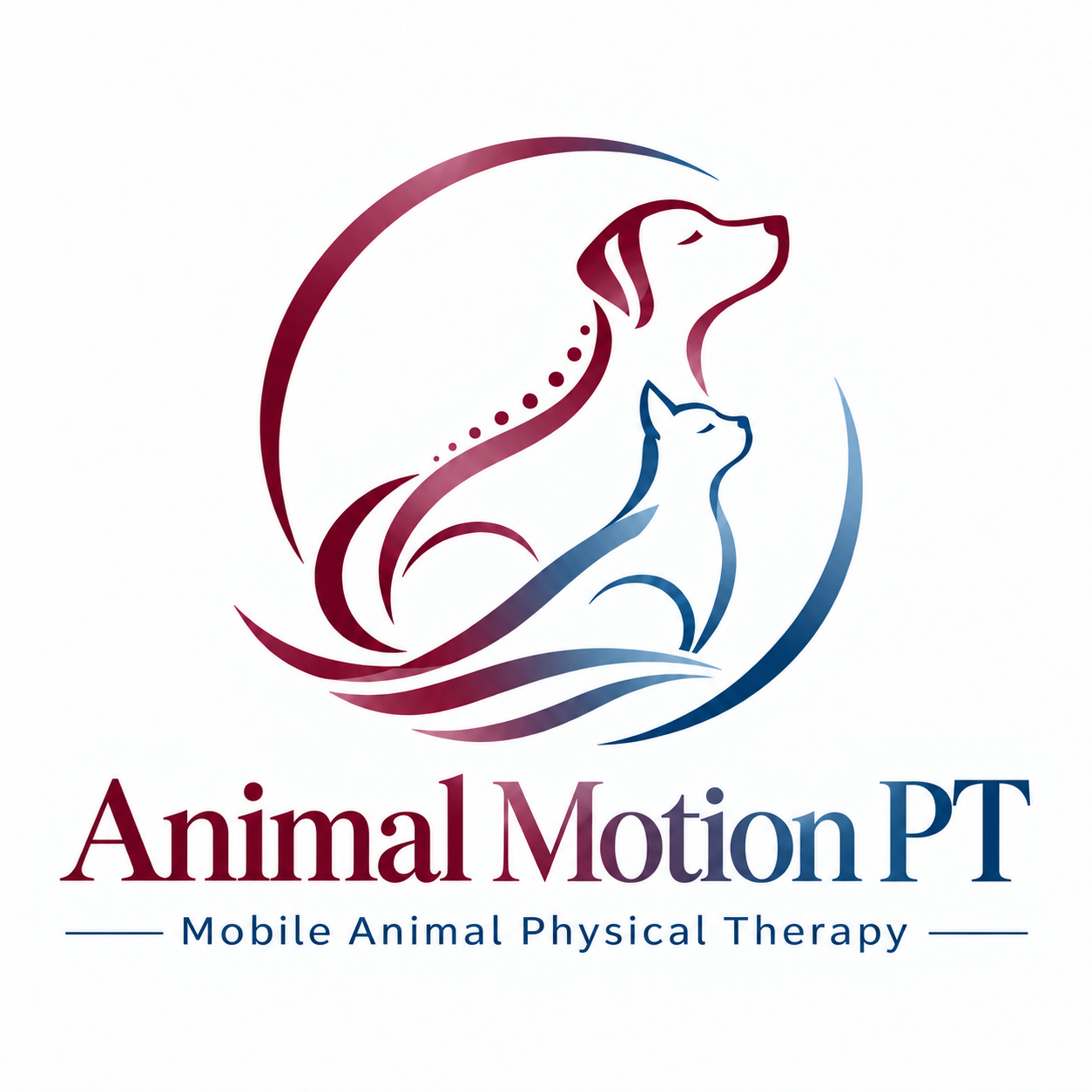Animal Motion PT logo showing a maroon dog and blue cat with flowing mobility lines