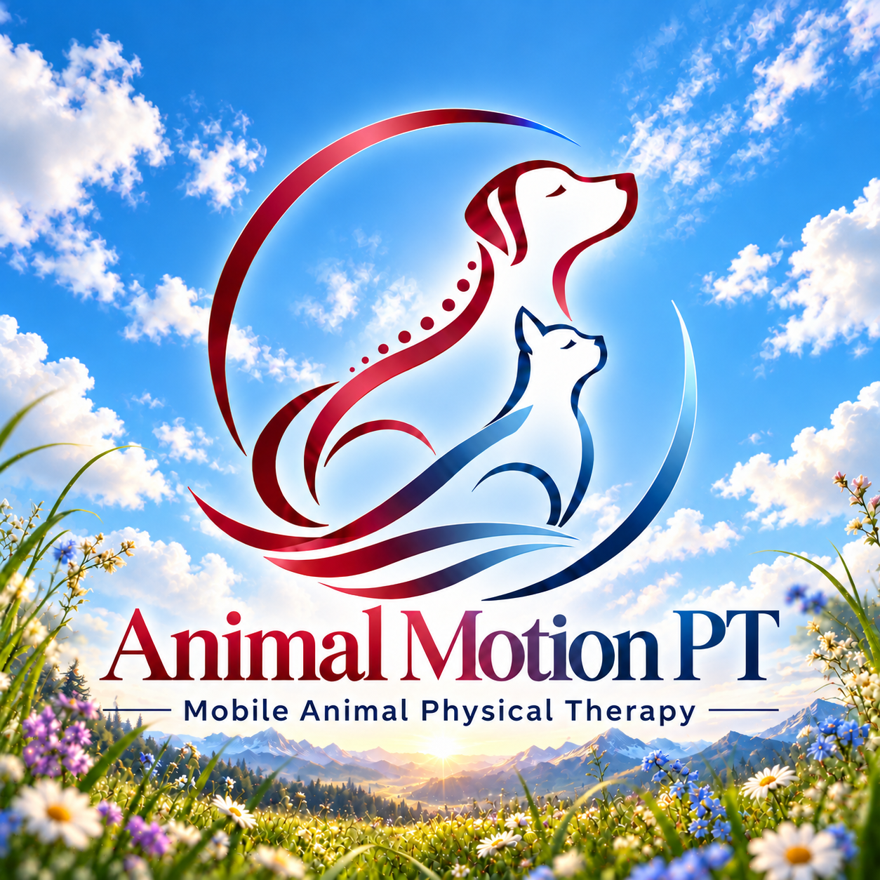 Animal Motion PT maroon dog and blue cat logo against a sunny Colorado mountain meadow